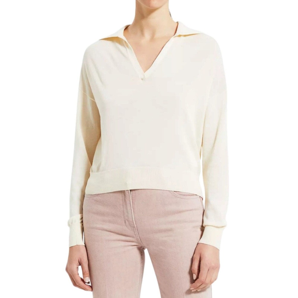 Theory Womens Sweater Bristol Cotton Polo Pullover Beige Parchment Knit Size M